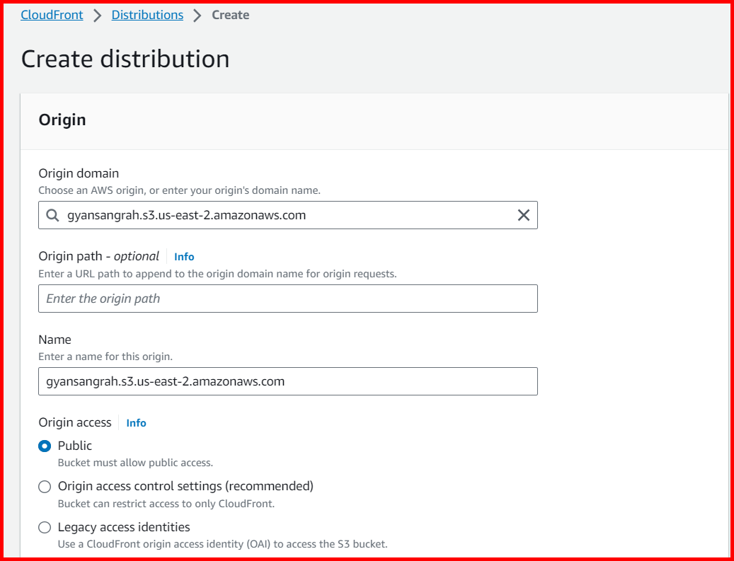 Picture showing the Create distribution screen for adding the new cloudfront